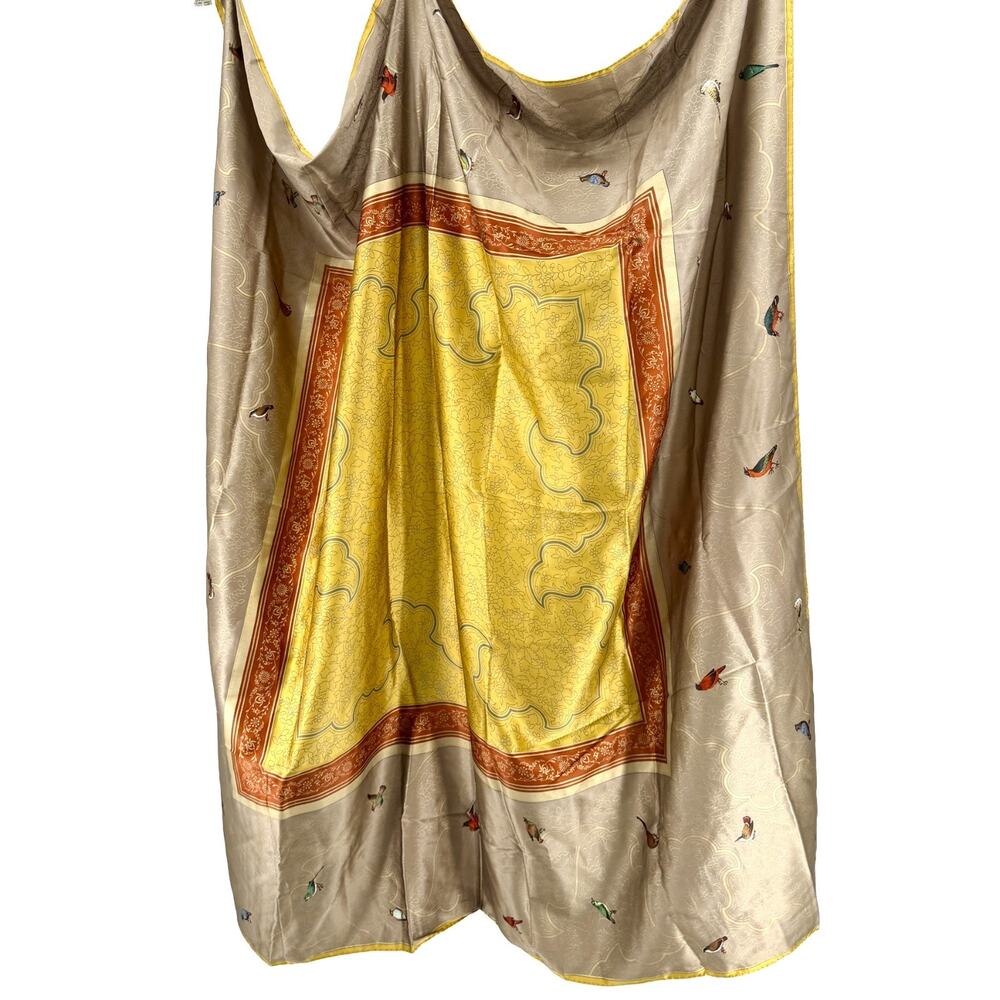 Vintage 70s Metropolitan Museum of Art Taupe Yellow Silk Finch Print Scarf